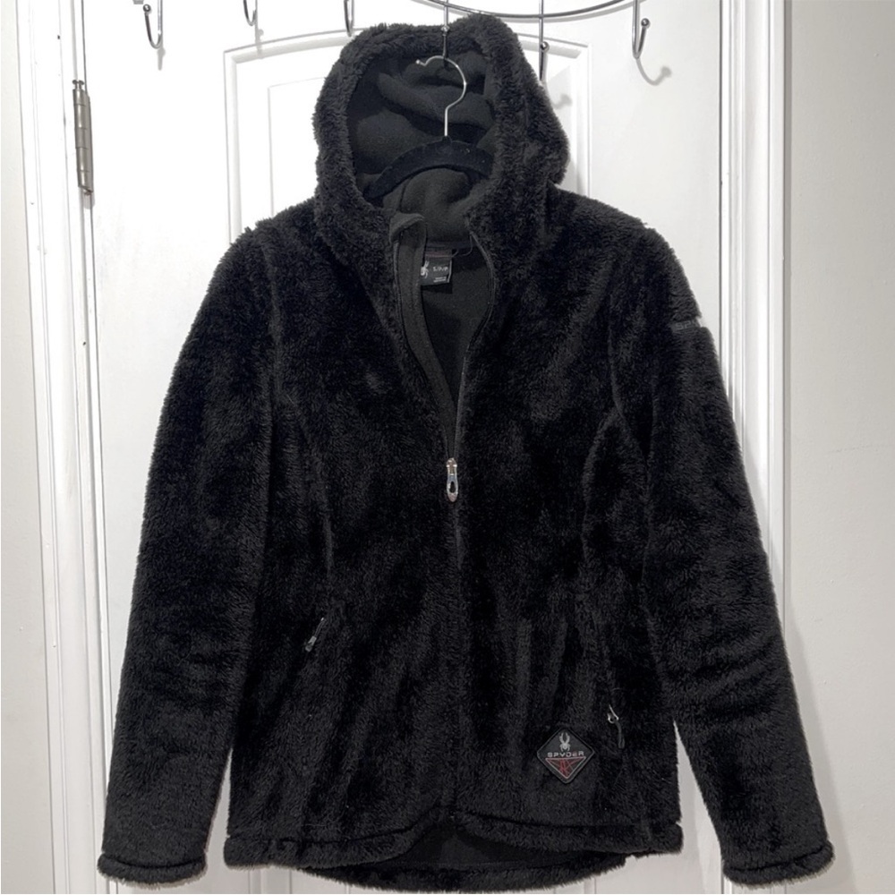 Spyder Women's Black Teddy Jacket with hood and 2 front zip pockets ski jacket